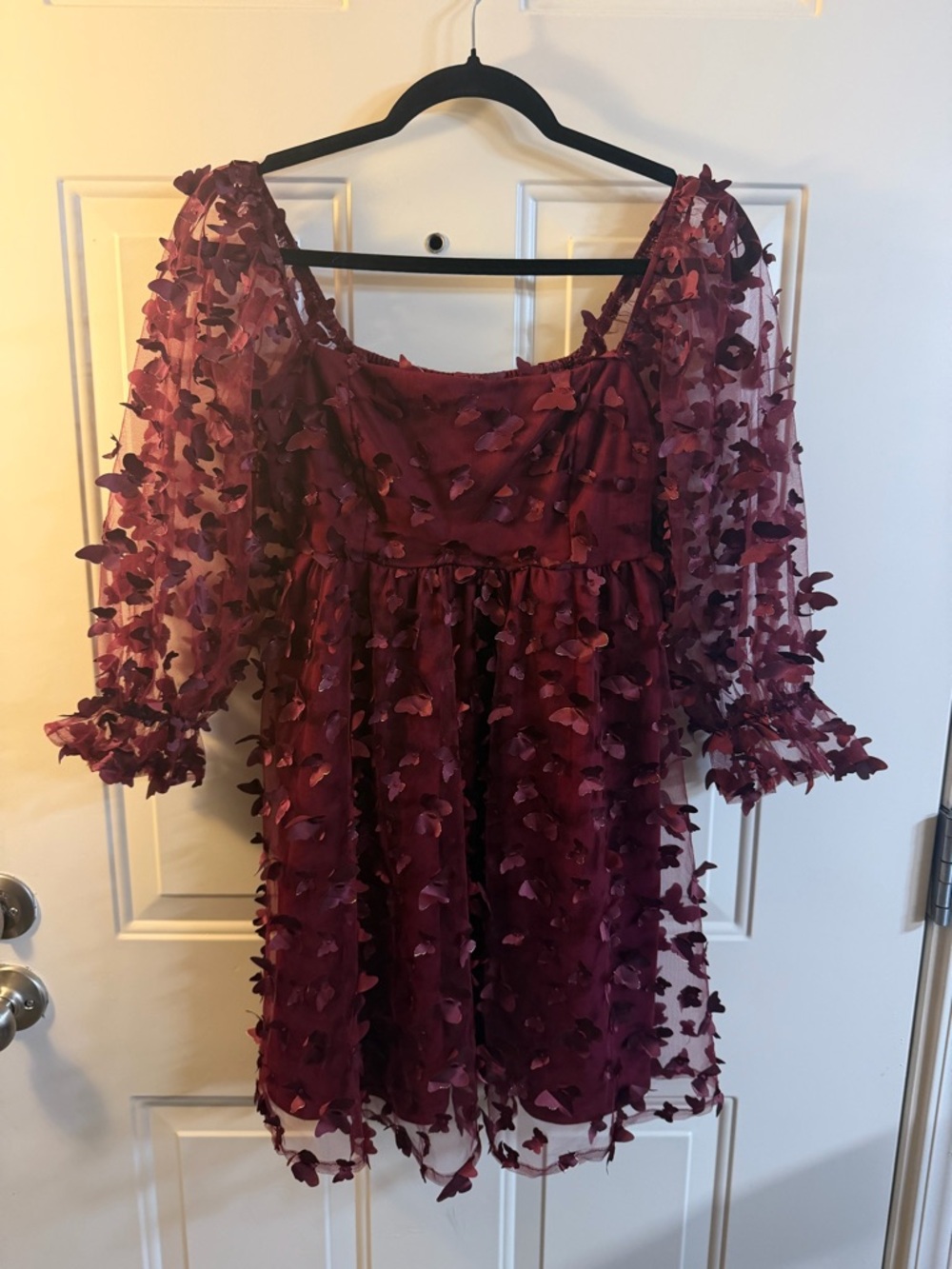 ✨ Thirty Thirty Burgundy Sheer Floral Appliqué Babydoll Dress Small